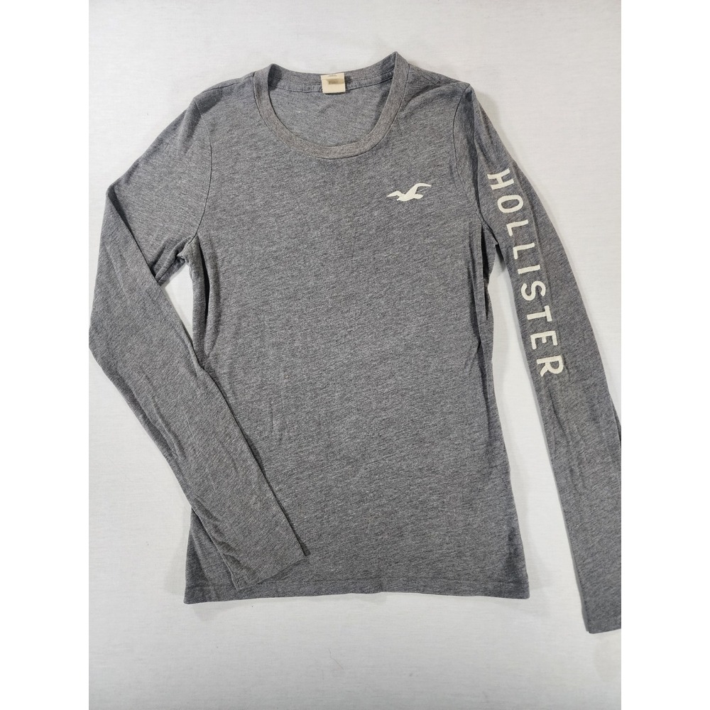Hollister Women Large Embroidered Long Sleeve Fitted Gray Cotton Stretch Shirt